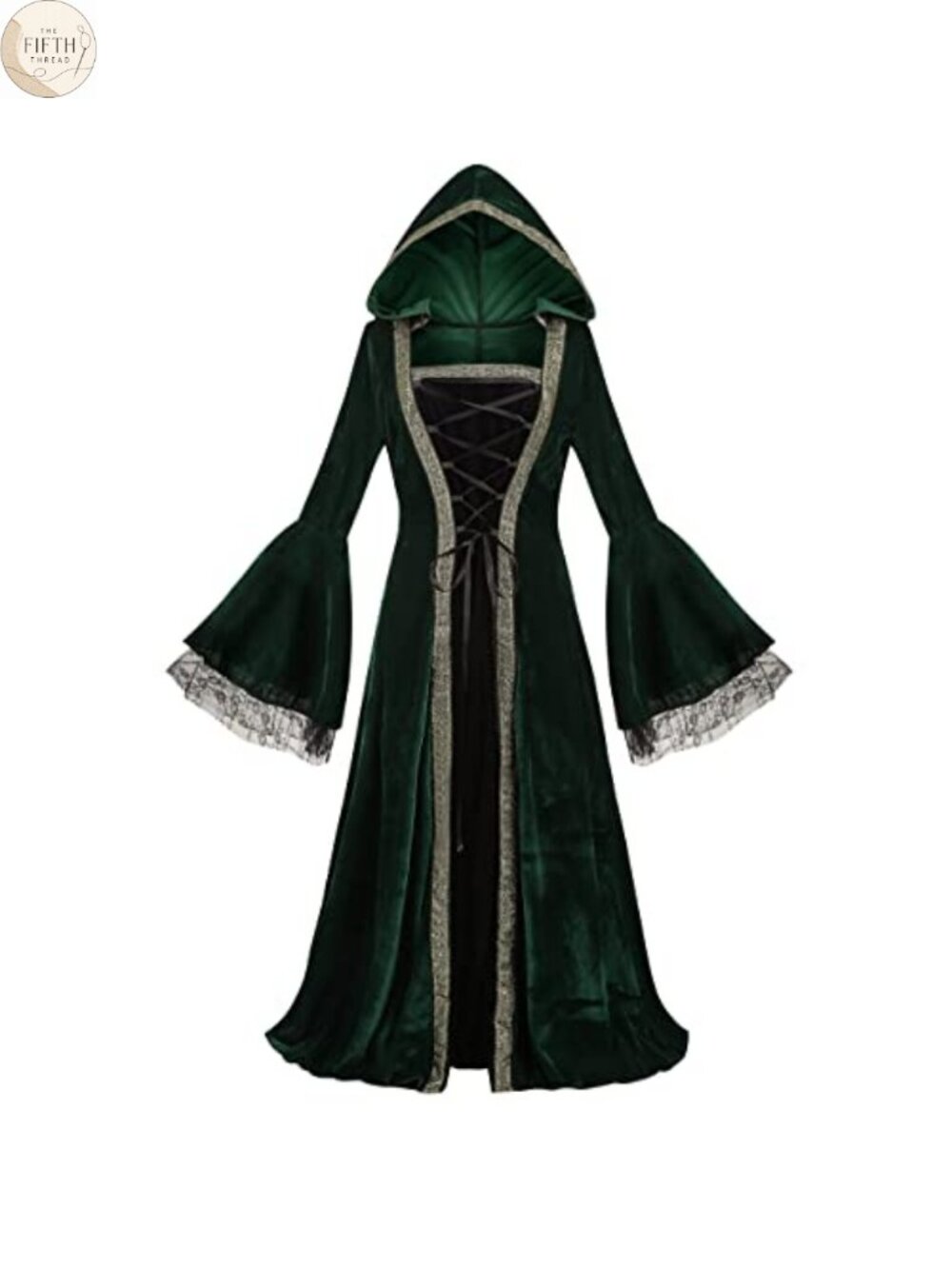 Medieval Renaissance Hooded Costume Dress Velvet Lace-Up Flare Sleeve